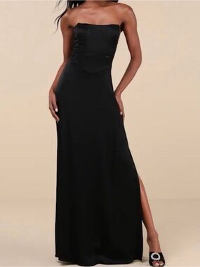 Lulu's Strapless Black Maxi Gown with Side Slit